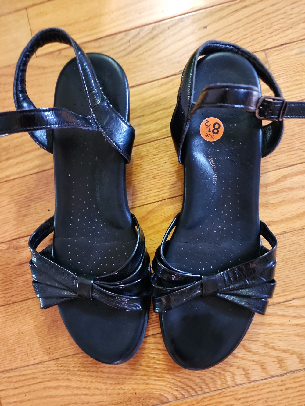 Sas Strippy Black Patent Leather Women's Strappy Wedge Sandals